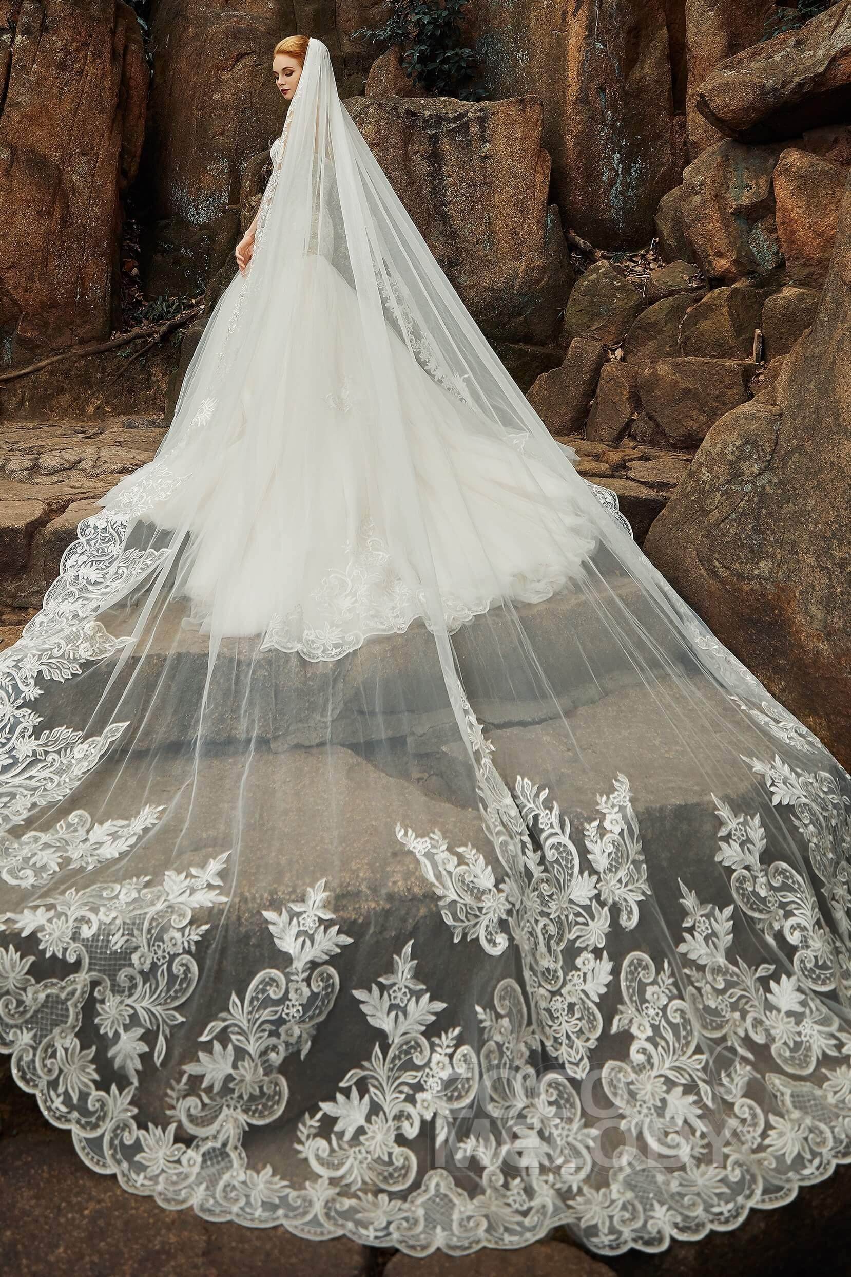 One-tier Lace Tulle Cathedral Veils Appliques Beading CV0190 - COCOMELODY